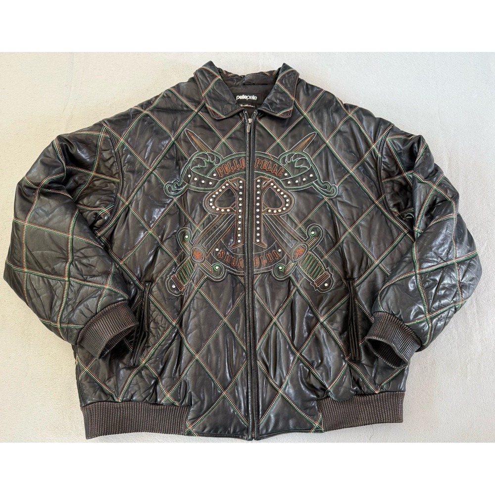 Pelle Pelle Soda Club Leather Jacket Size 56 Skull Swords Studded Marc Buchanan